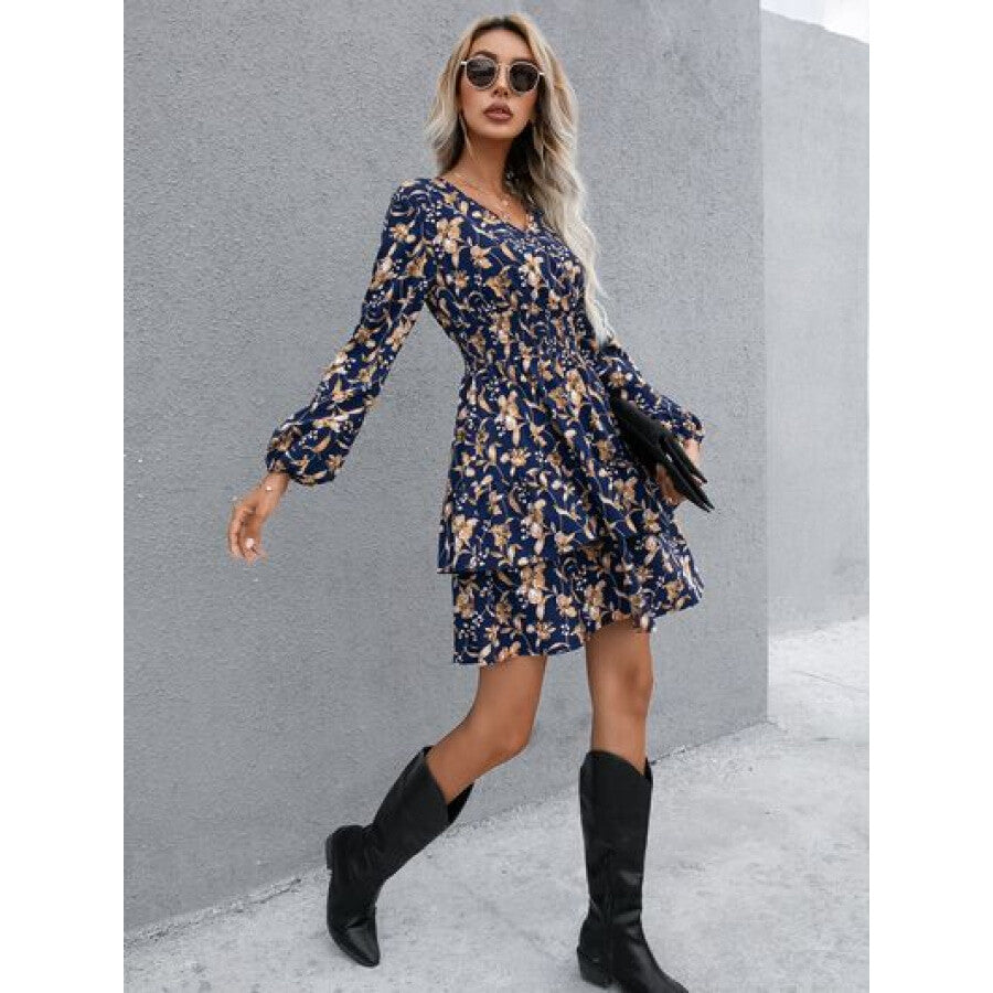 Floral Layered Surplice Balloon Sleeve Dress Apparel and Accessories