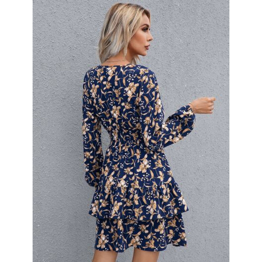 Floral Layered Surplice Balloon Sleeve Dress Apparel and Accessories