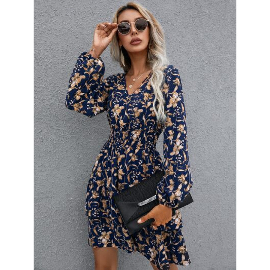 Floral Layered Surplice Balloon Sleeve Dress Apparel and Accessories