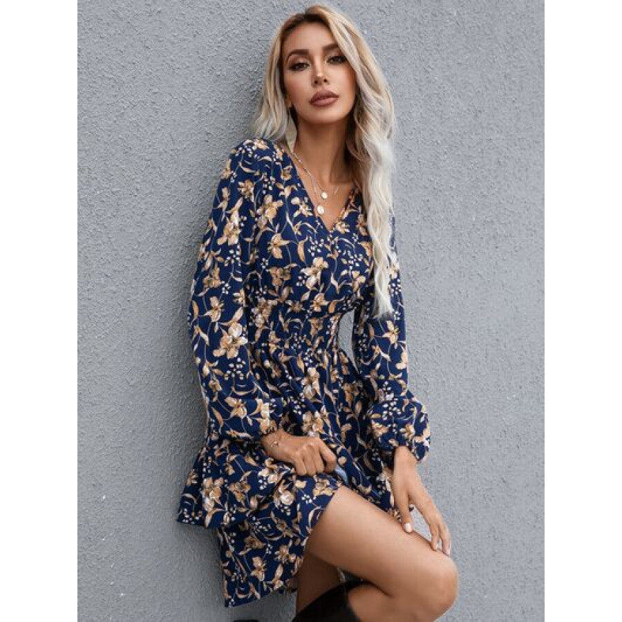 Floral Layered Surplice Balloon Sleeve Dress Apparel and Accessories