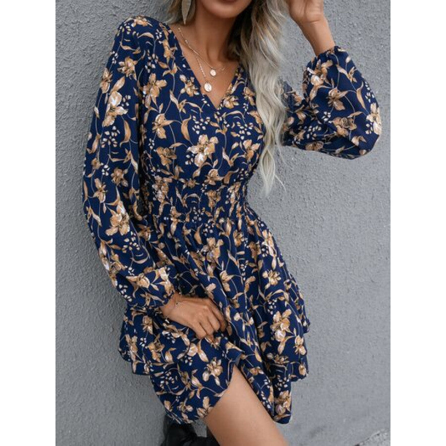 Floral Layered Surplice Balloon Sleeve Dress Cobald Blue / S Apparel and Accessories