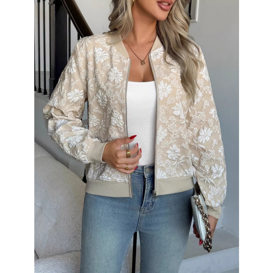 Floral Lightweight Zip Up Jacket Apricot / S Apparel and Accessories