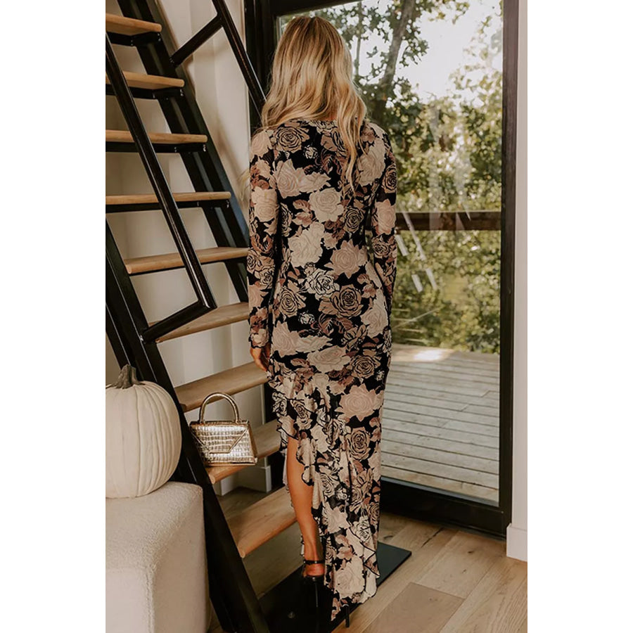 Floral Long Sleeve Asymmetric Ruffle Split Hem Mesh Dress Apparel and Accessories
