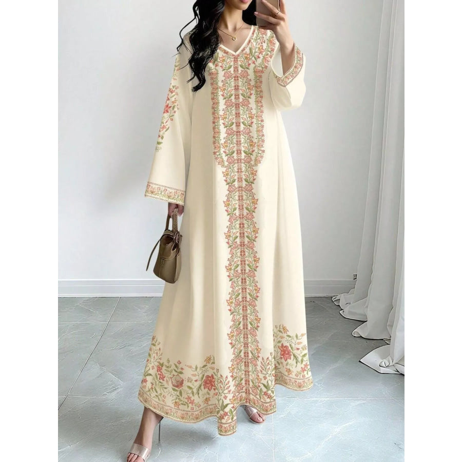 Floral Long Sleeve Maxi Dress Apricot / S Apparel and Accessories