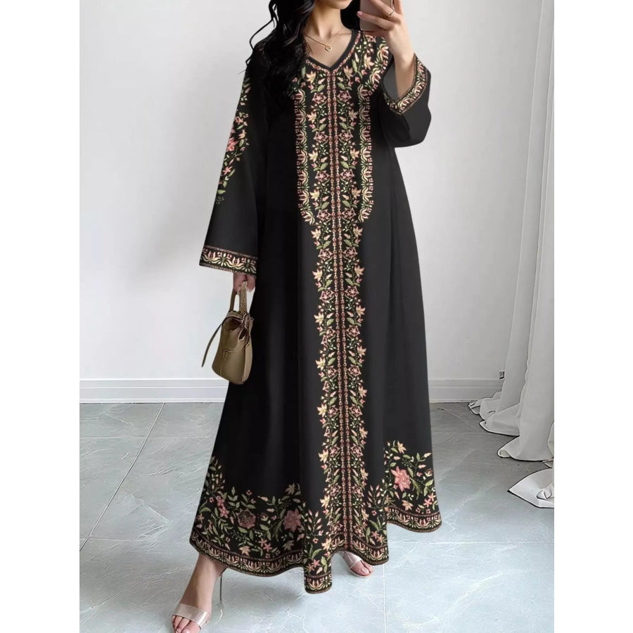 Floral Long Sleeve Maxi Dress Black / S Apparel and Accessories