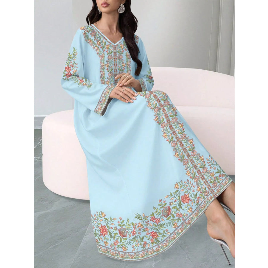 Floral Long Sleeve Maxi Dress Sky Blue / S Apparel and Accessories