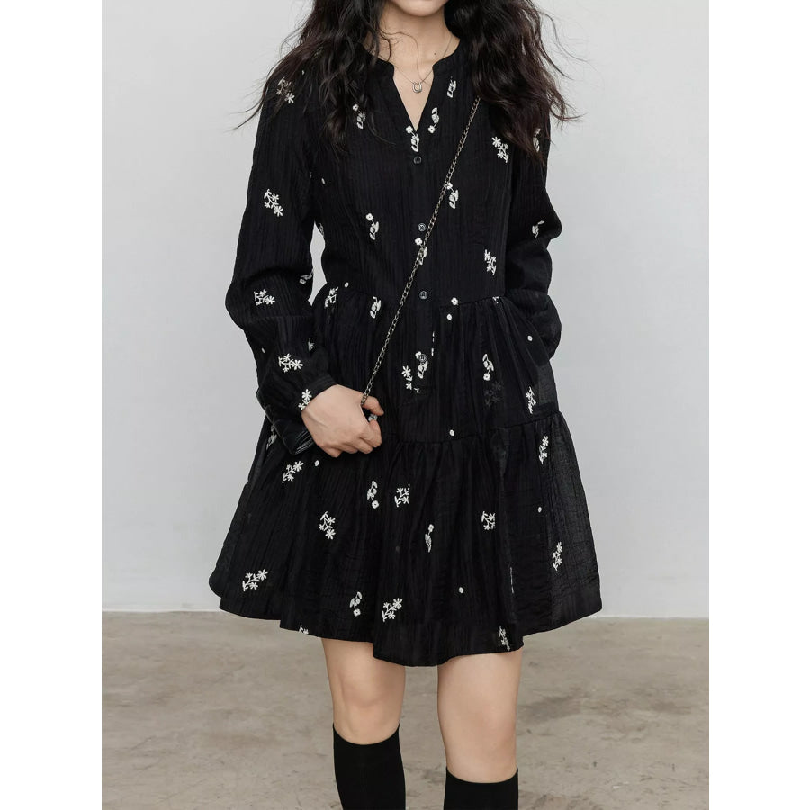Floral Long Sleeve Mini Dress Black / L Apparel and Accessories