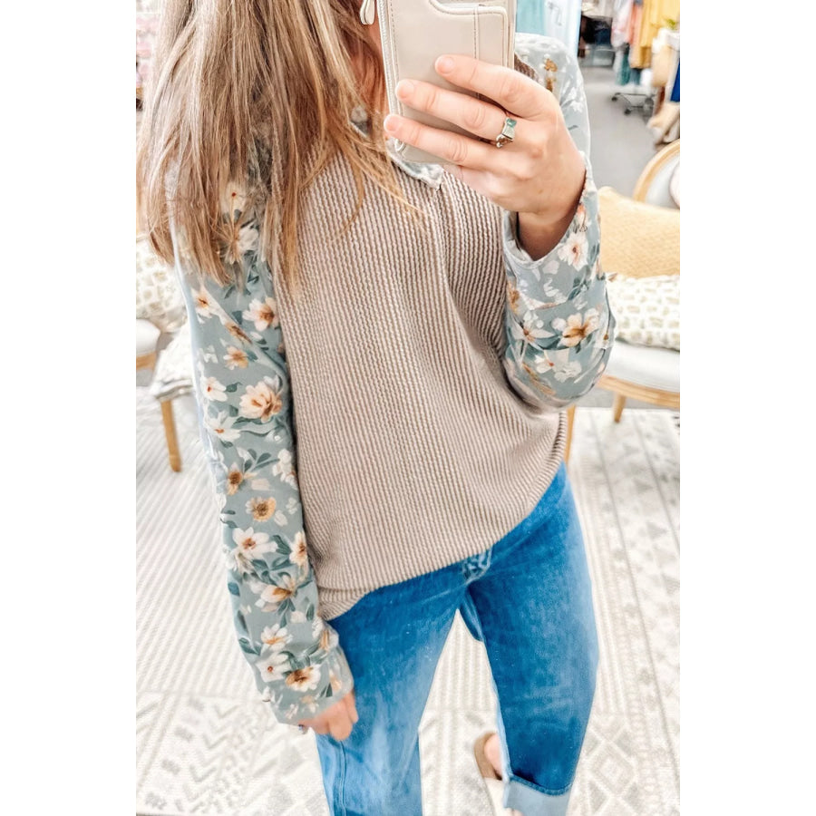 Floral Long Sleeve Round Neck Blouse Tan / S Apparel and Accessories