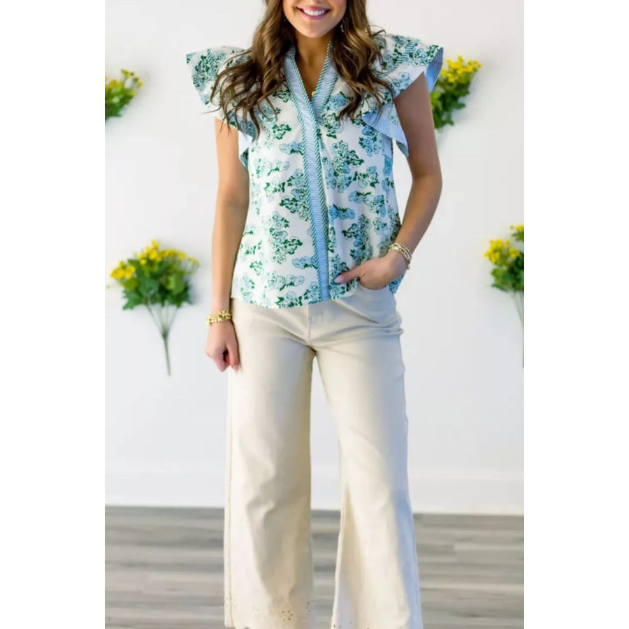 Floral Meets Stripes V Neck Flutter Sleeve Blouse Apparel and Accessories