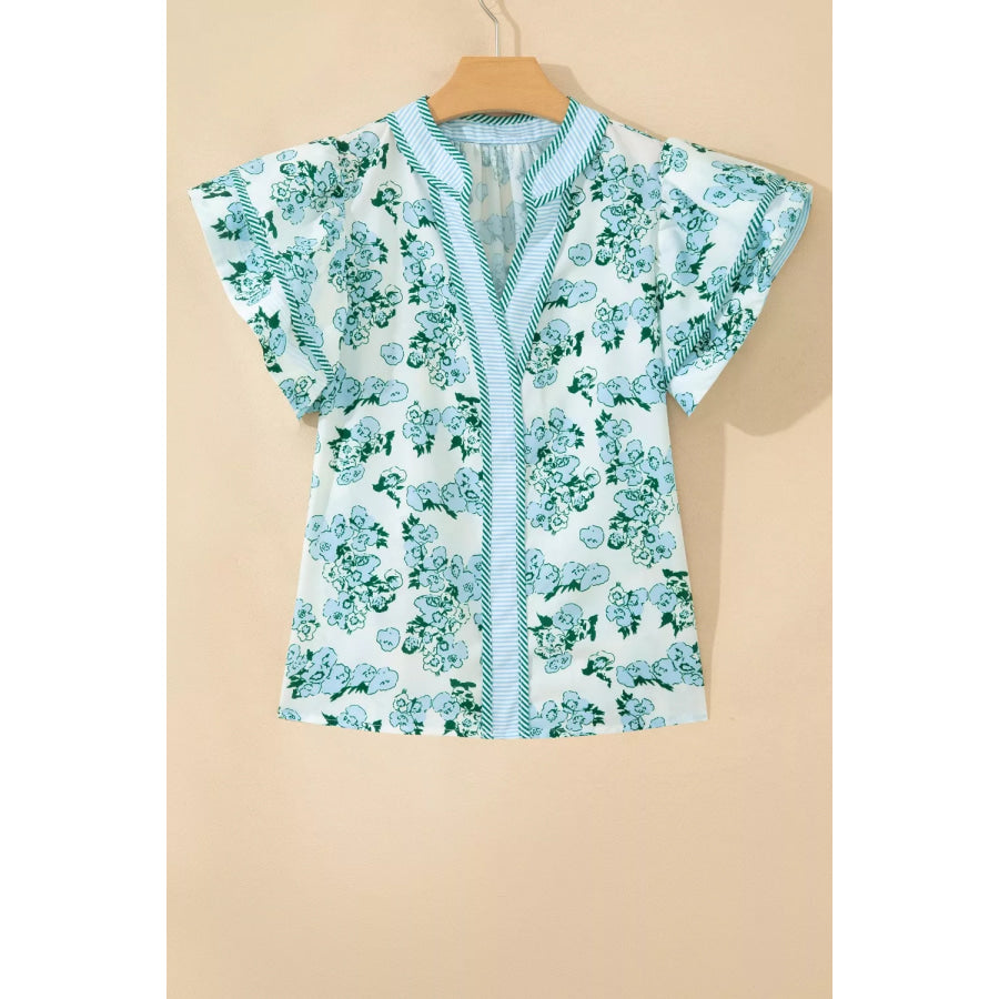 Floral Meets Stripes V Neck Flutter Sleeve Blouse Apparel and Accessories