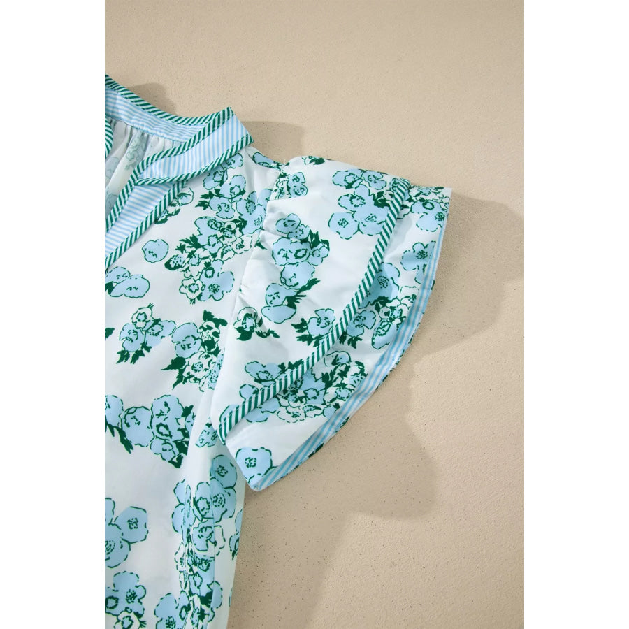 Floral Meets Stripes V Neck Flutter Sleeve Blouse Apparel and Accessories