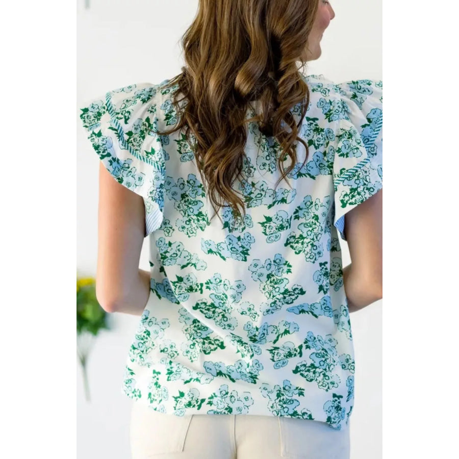 Floral Meets Stripes V Neck Flutter Sleeve Blouse Apparel and Accessories