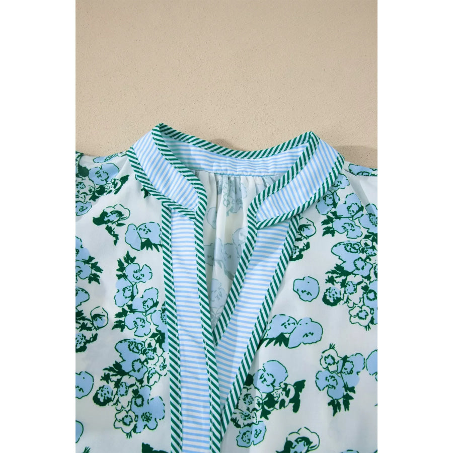 Floral Meets Stripes V Neck Flutter Sleeve Blouse Apparel and Accessories