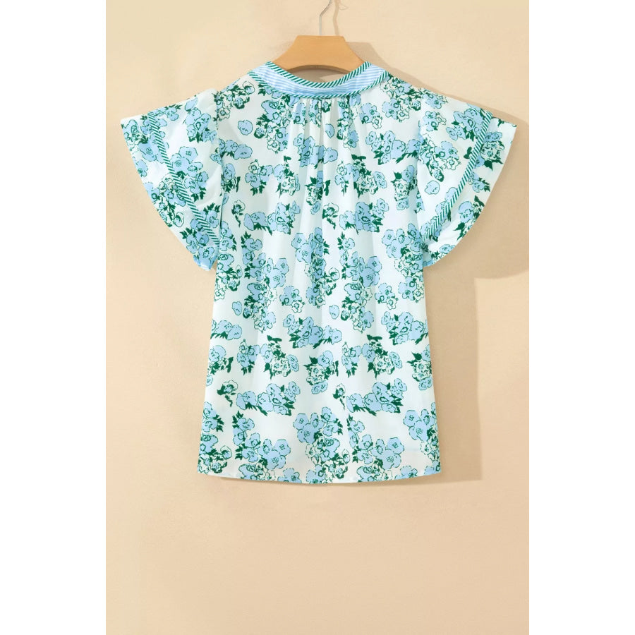 Floral Meets Stripes V Neck Flutter Sleeve Blouse Apparel and Accessories
