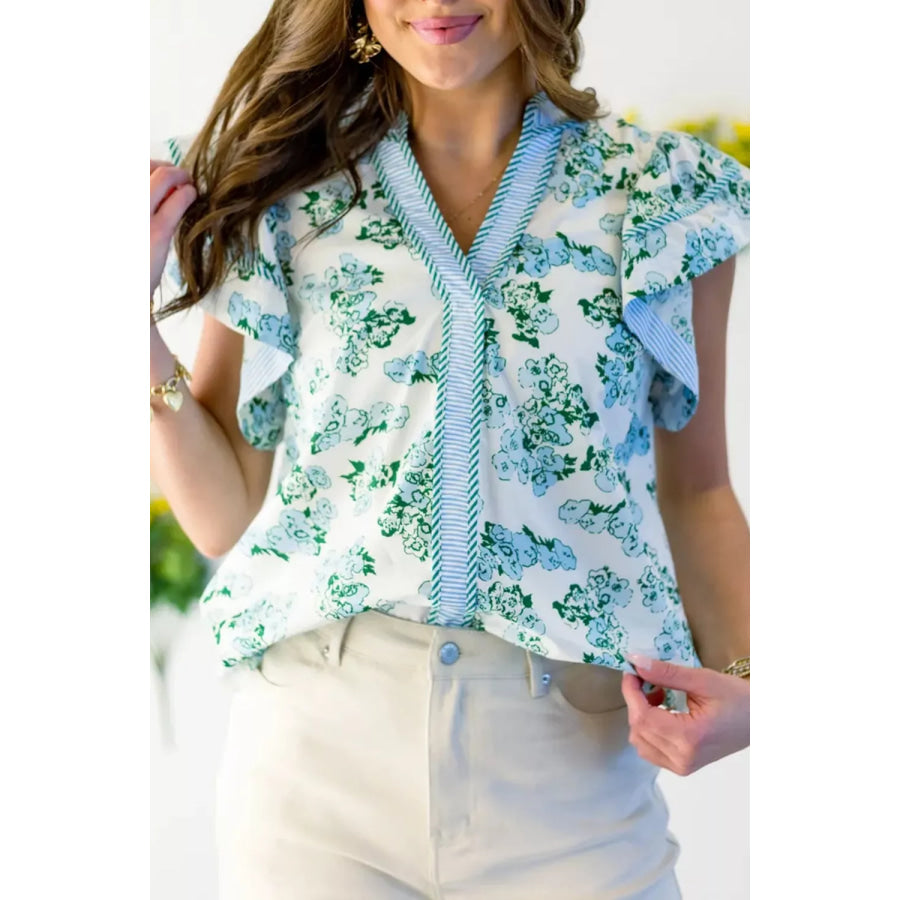 Floral Meets Stripes V Neck Flutter Sleeve Blouse Turquoise / S Apparel and Accessories