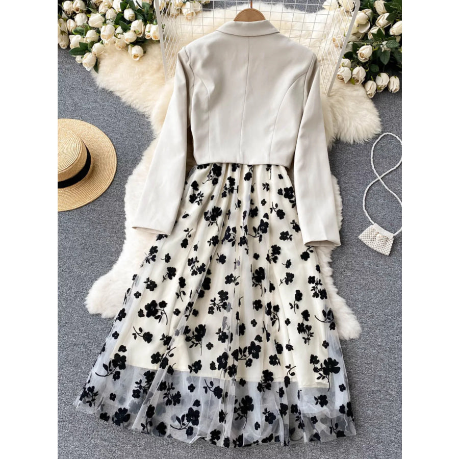 Floral Mesh Dress & Blazer Set White / S Apparel and Accessories
