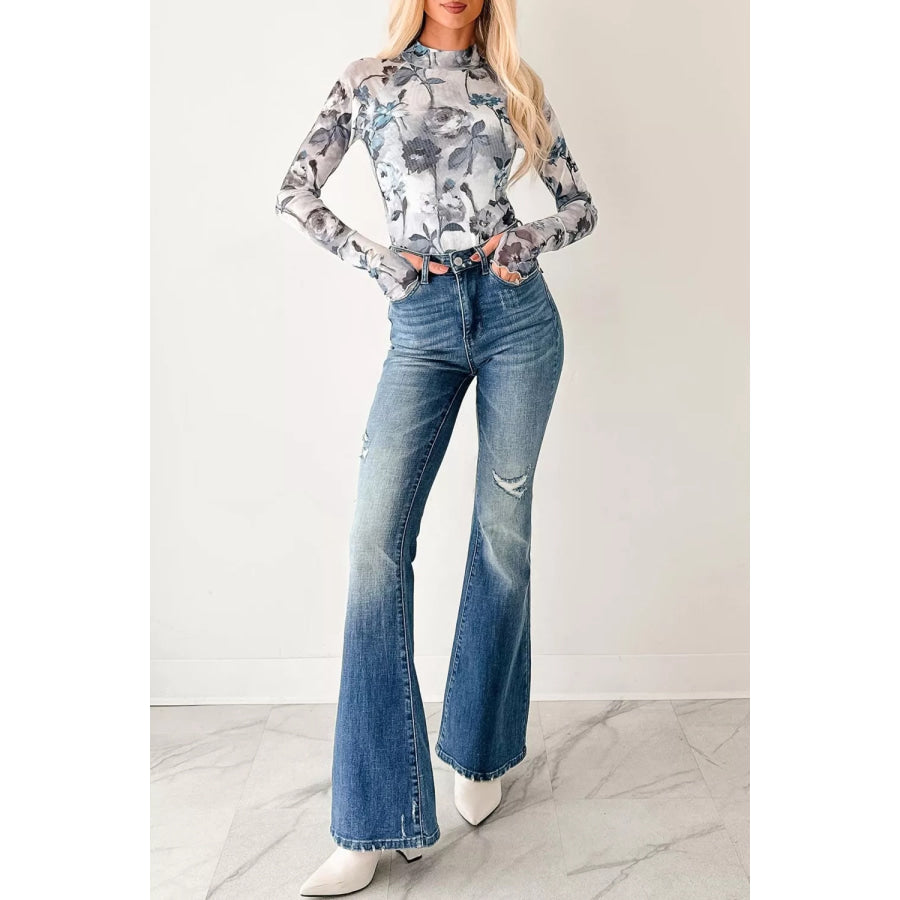 Floral Mesh High Neck Long Sleeve Sheath Top Apparel and Accessories