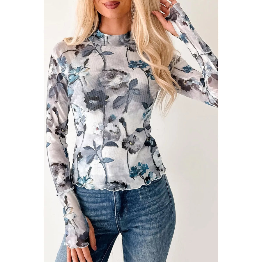 Floral Mesh High Neck Long Sleeve Sheath Top Apparel and Accessories