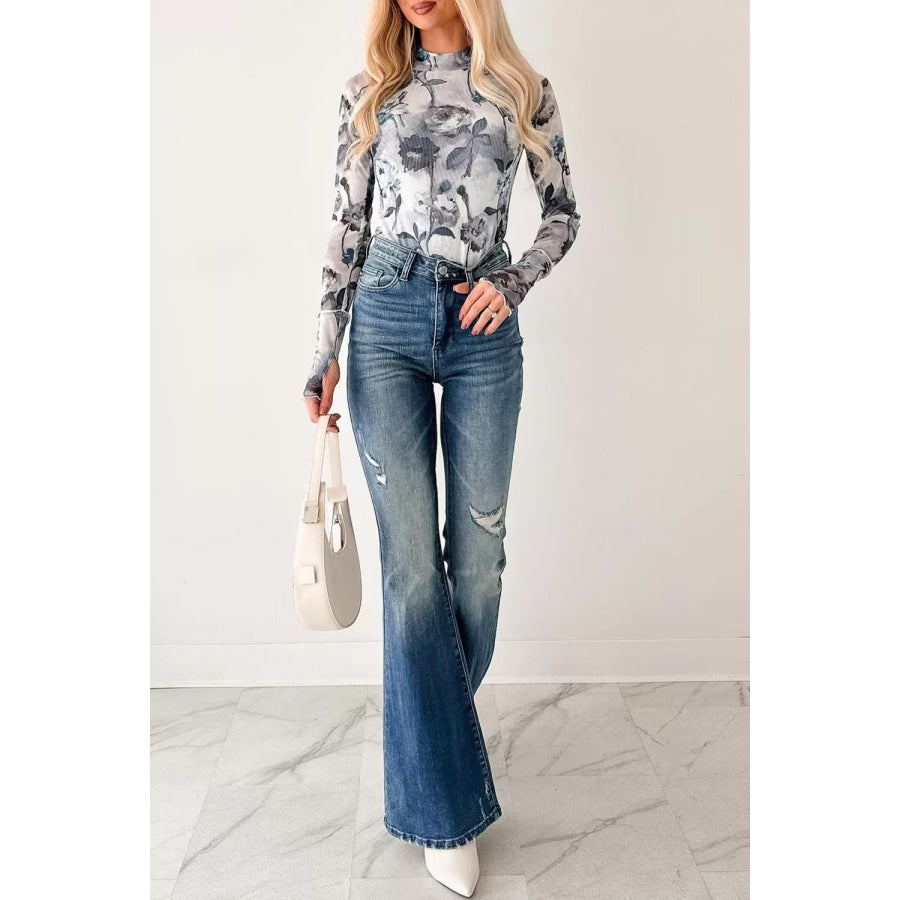 Floral Mesh High Neck Long Sleeve Sheath Top Apparel and Accessories