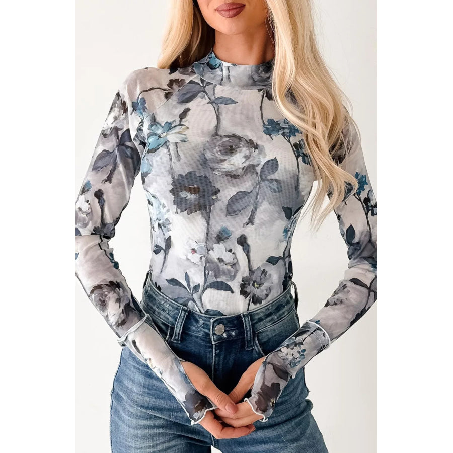 Floral Mesh High Neck Long Sleeve Sheath Top Apparel and Accessories