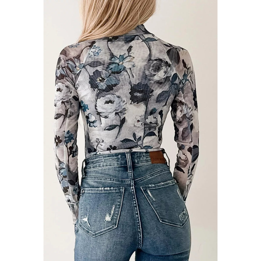Floral Mesh High Neck Long Sleeve Sheath Top Apparel and Accessories