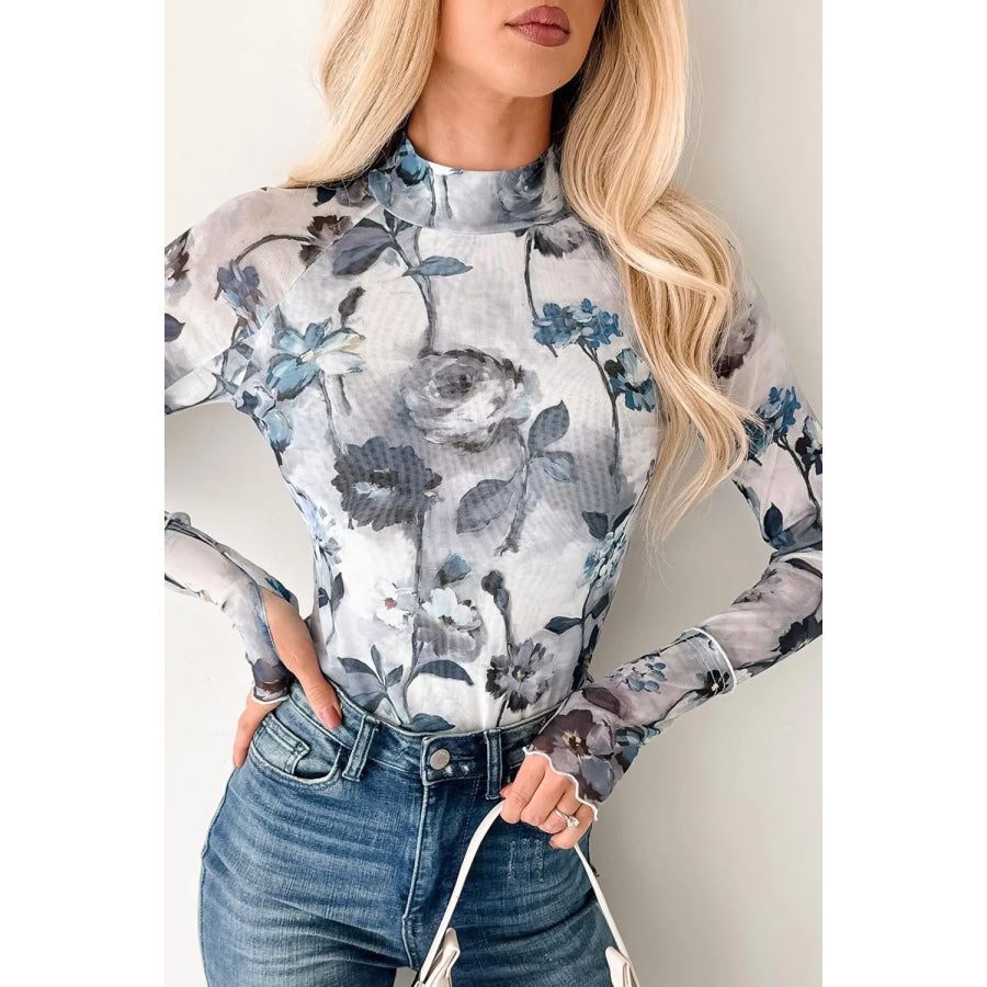 Floral Mesh High Neck Long Sleeve Sheath Top Apparel and Accessories