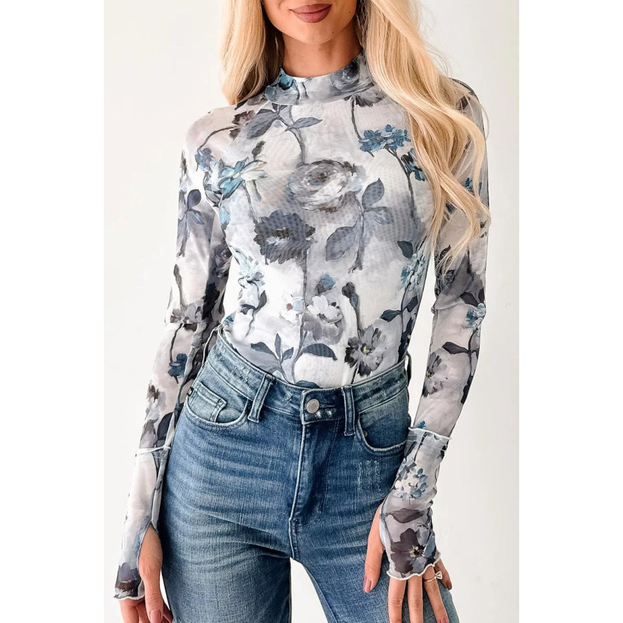 Floral Mesh High Neck Long Sleeve Sheath Top Dark Gray / S Apparel and Accessories