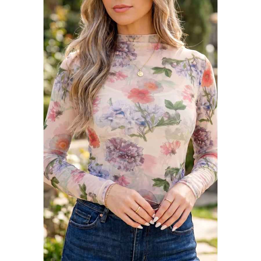 Floral Mesh Long Sleeve Thumbhole Hem Top Floral / S