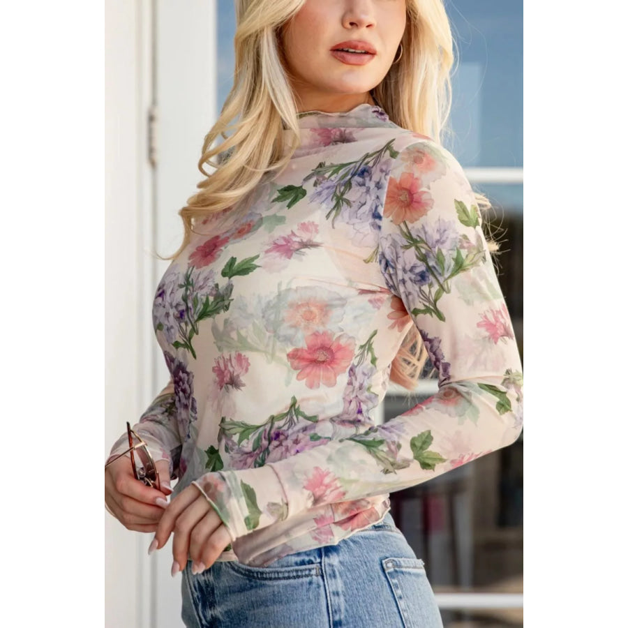 Floral Mesh Long Sleeve Thumbhole Hem Top