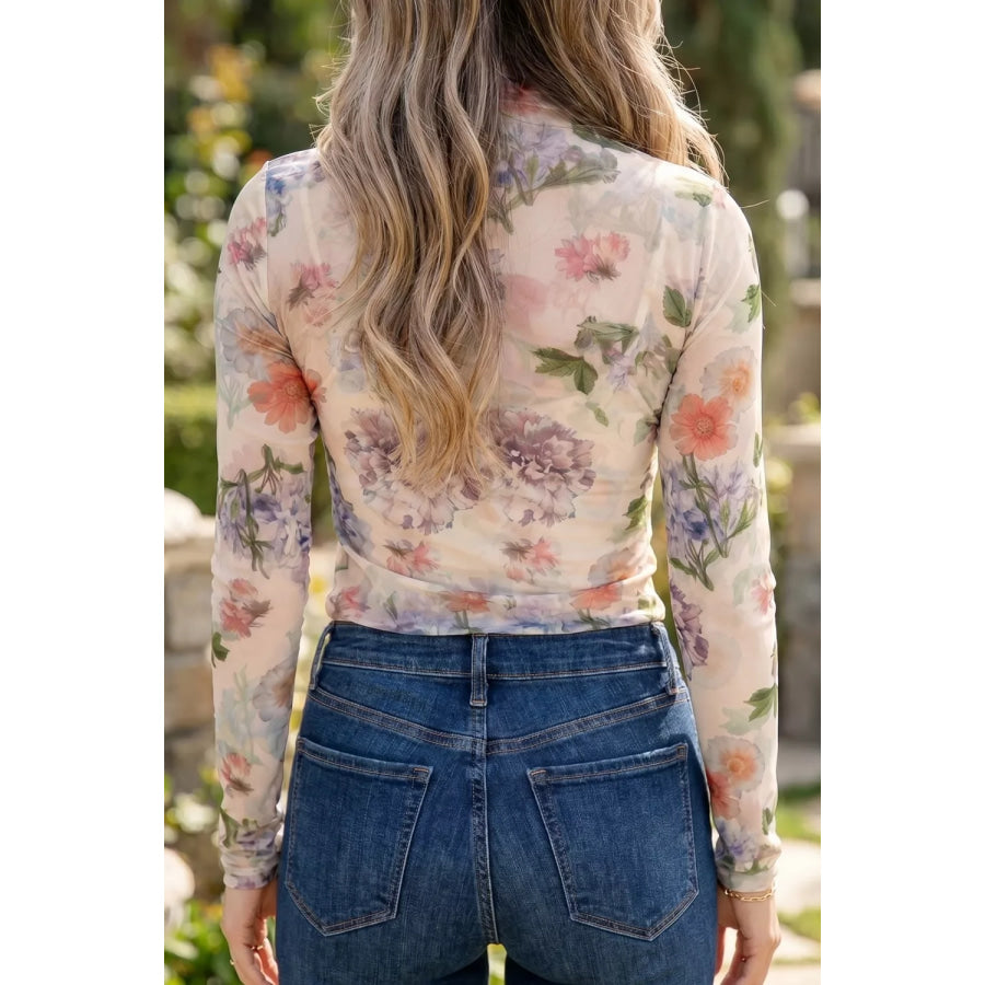 Floral Mesh Long Sleeve Thumbhole Hem Top