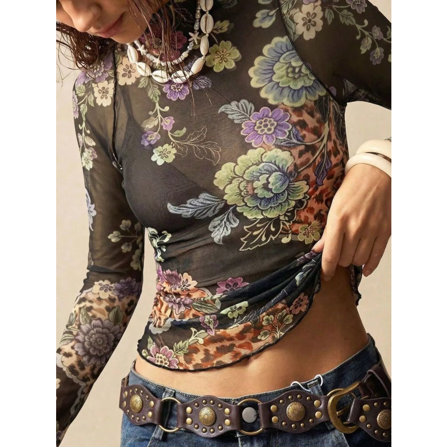 Floral Mesh Long Sleeve Top Apparel and Accessories