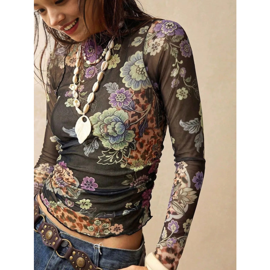 Floral Mesh Long Sleeve Top Apparel and Accessories