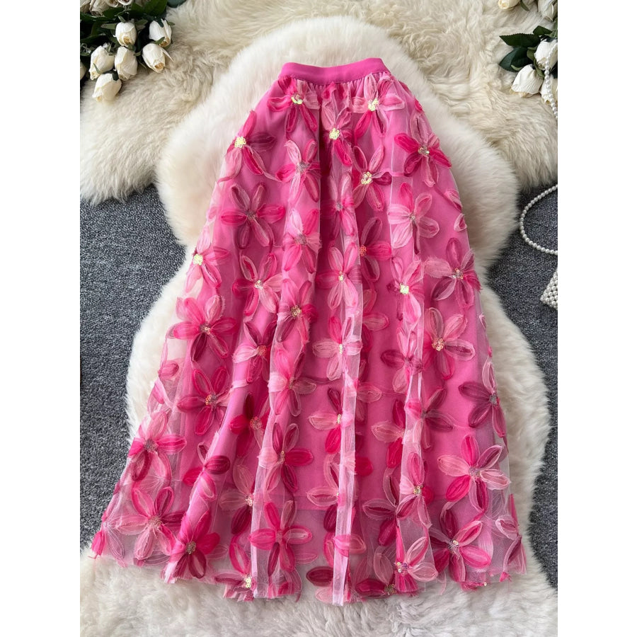 Floral Mesh Skirt Rose Red / One Size Apparel and Accessories