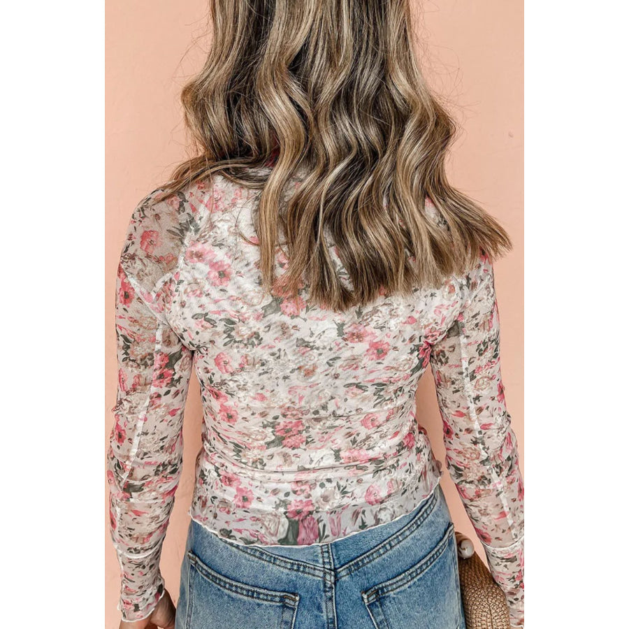 Floral Mock Neck Long Sleeve Blouse Floral / S Apparel and Accessories