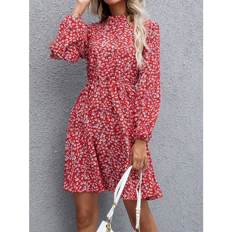 Floral Mock Neck Long Sleeve Dress Deep Red / S