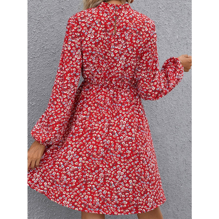 Floral Mock Neck Long Sleeve Dress Deep Red / S