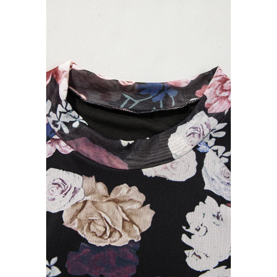 Floral Mock Neck Long Sleeve Mesh Top Apparel and Accessories