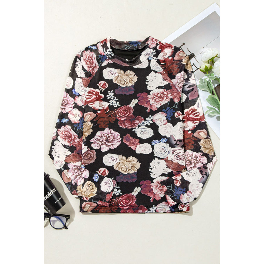 Floral Mock Neck Long Sleeve Mesh Top Apparel and Accessories