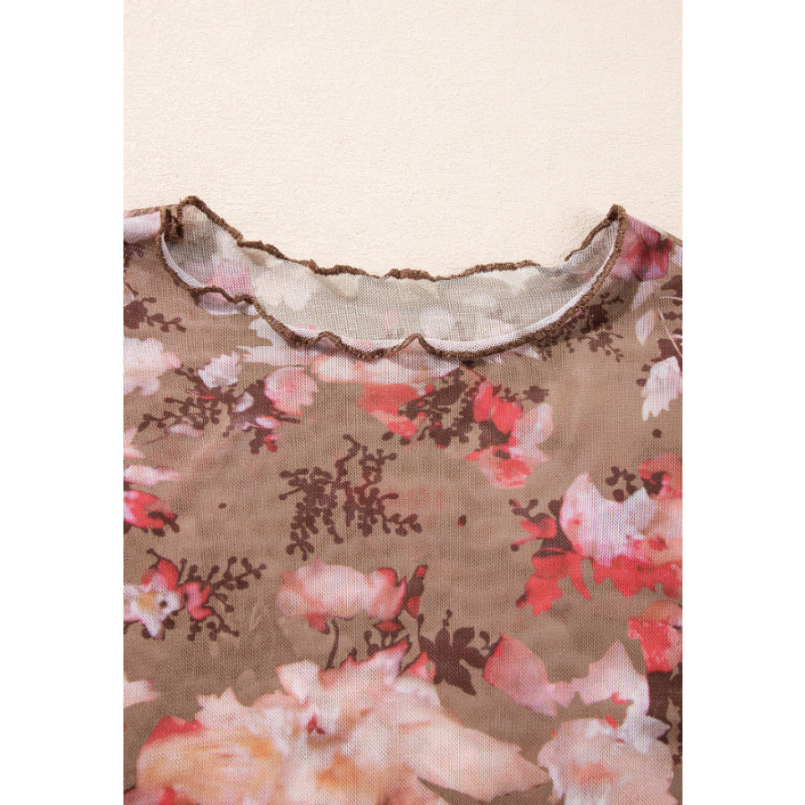 Floral Mock Neck Long Sleeve Sheer Top Apparel and Accessories
