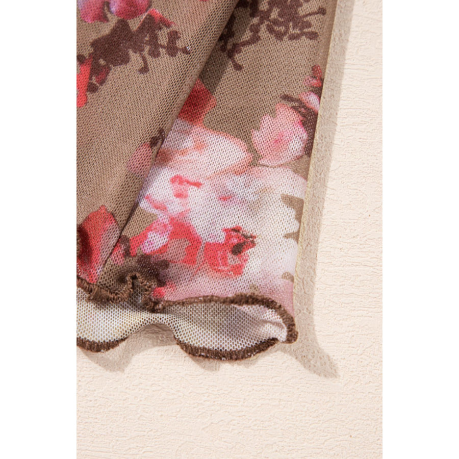 Floral Mock Neck Long Sleeve Sheer Top Apparel and Accessories