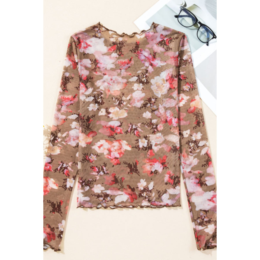 Floral Mock Neck Long Sleeve Sheer Top Apparel and Accessories