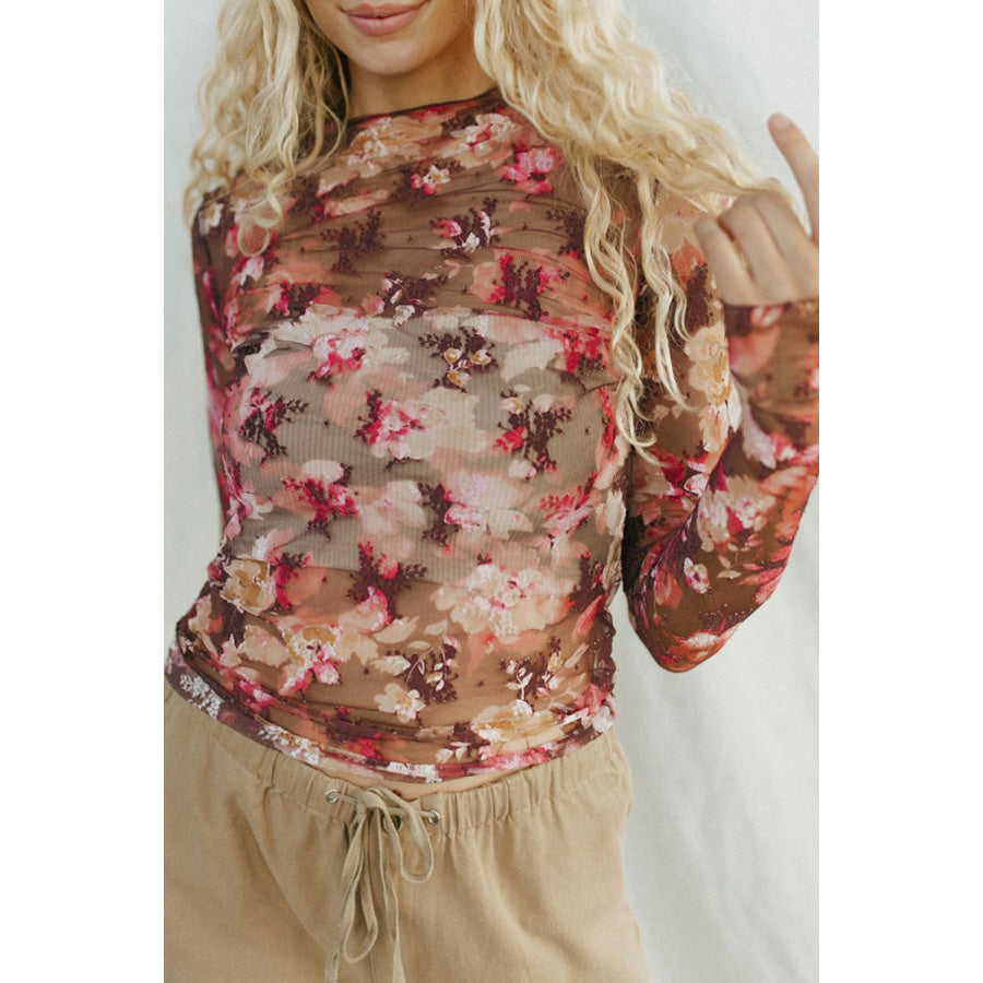 Floral Mock Neck Long Sleeve Sheer Top Floral / S Apparel and Accessories