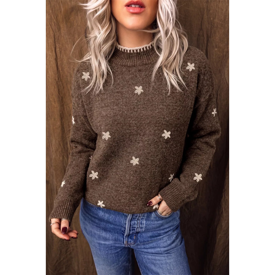 Floral Mock Neck Long Sleeve Sweater Apparel and Accessories