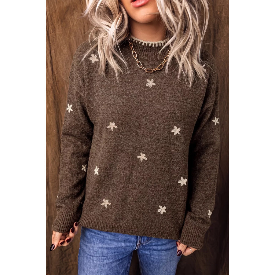 Floral Mock Neck Long Sleeve Sweater Coffee Brown / S Apparel and Accessories