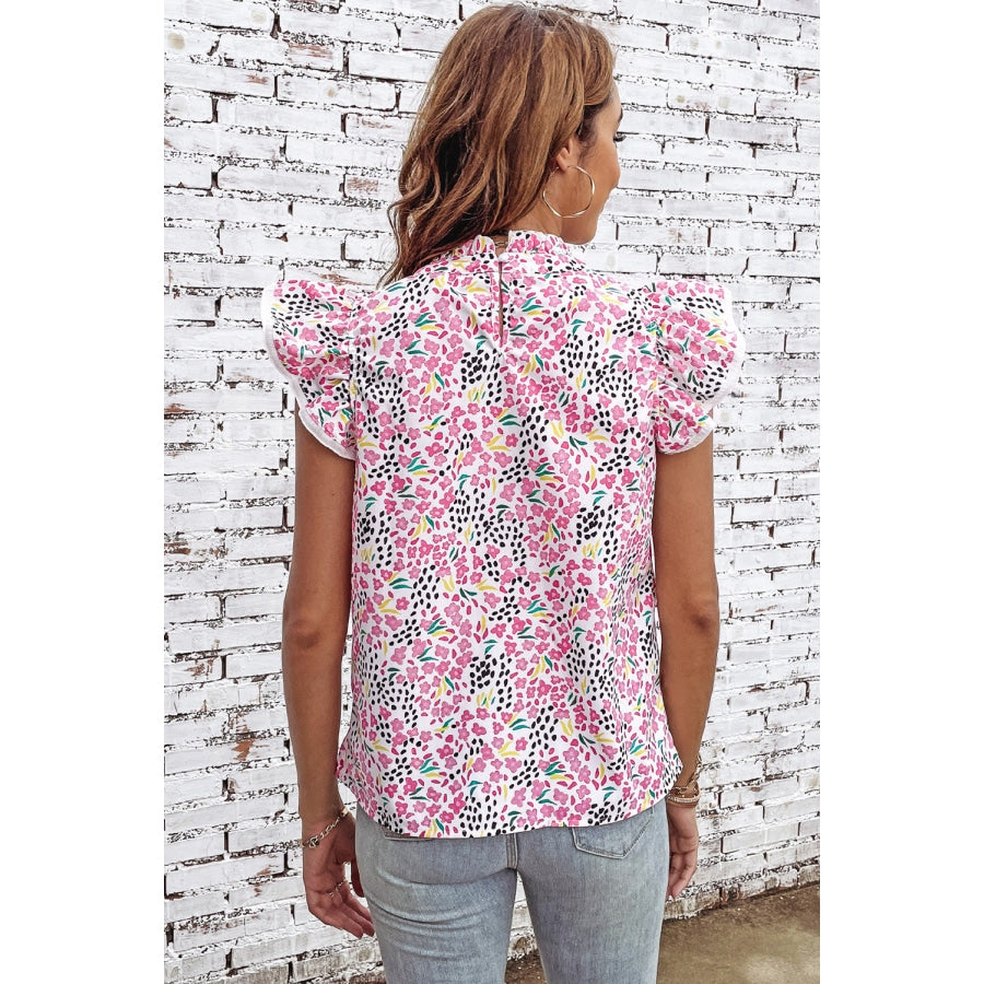 Floral Mock Neck Short Sleeve Blouse