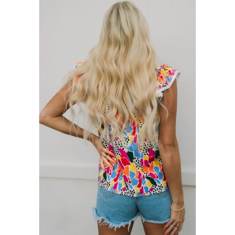 Floral Mock Neck Short Sleeve Blouse Multicolor / S