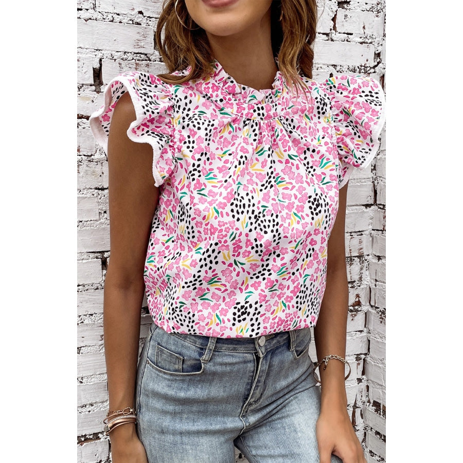 Floral Mock Neck Short Sleeve Blouse