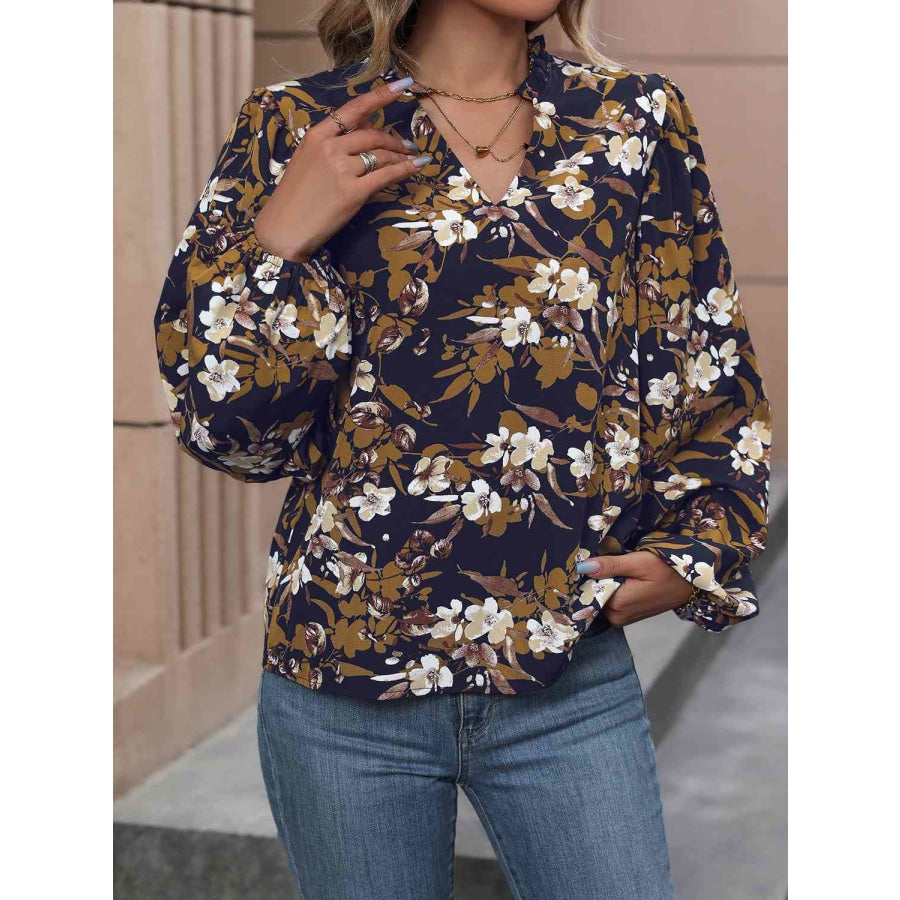 Floral Notched Balloon Sleeve Blouse Navy / S