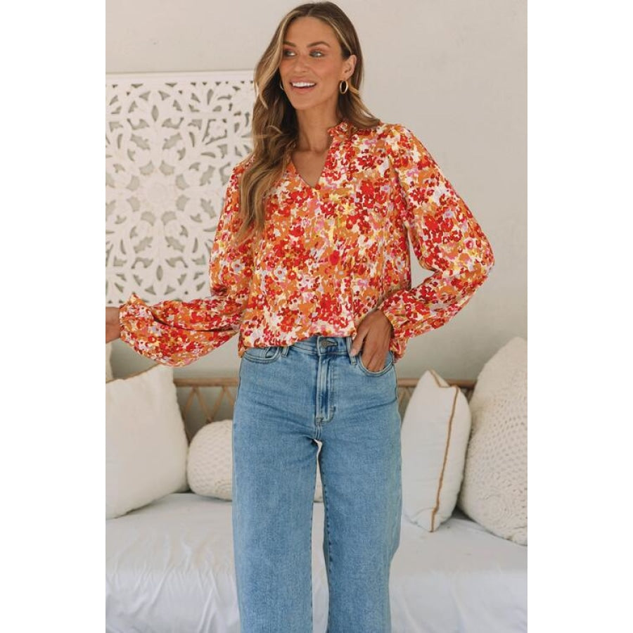 Floral Notched Balloon Sleeve Blouse Pumpkin / S