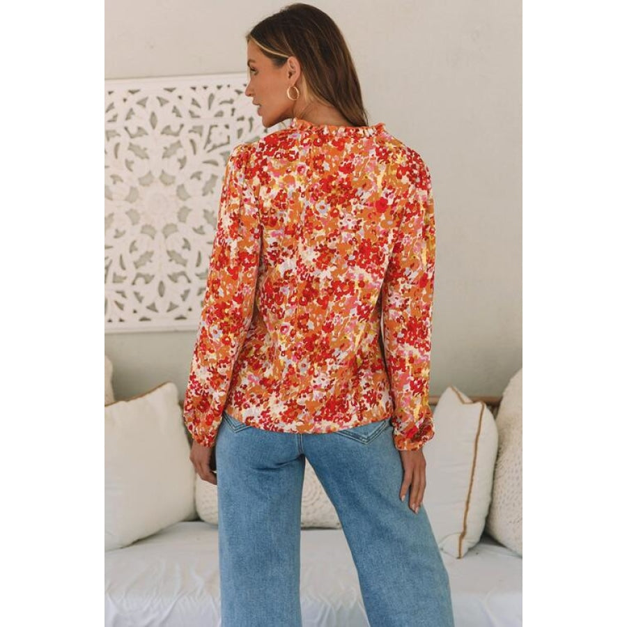 Floral Notched Balloon Sleeve Blouse